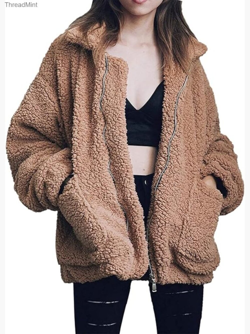 Womens Faux Fur Jacket Fuzzy Shearling Zip Up Coat Winter Oversized